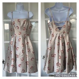 Erin Fetherston tan & red floral full skirt fit & flare dress with open v-back